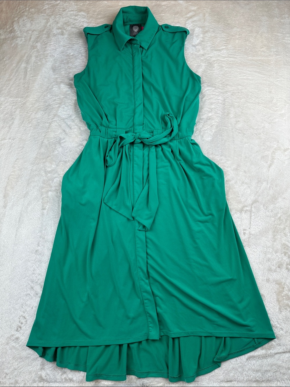 Vince Camuto Green Sleeveless Shirt Dress Tie Waist High Low Women’s Size 4